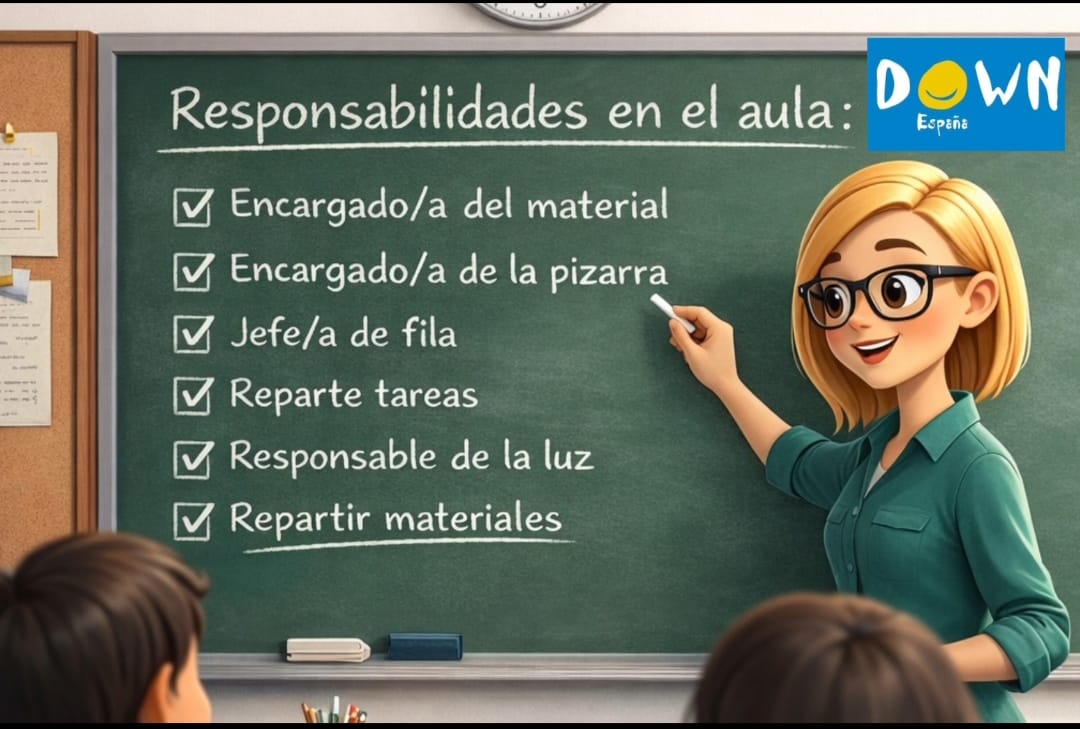 Profesora escribiendo en la pizarra los trabajo de clase